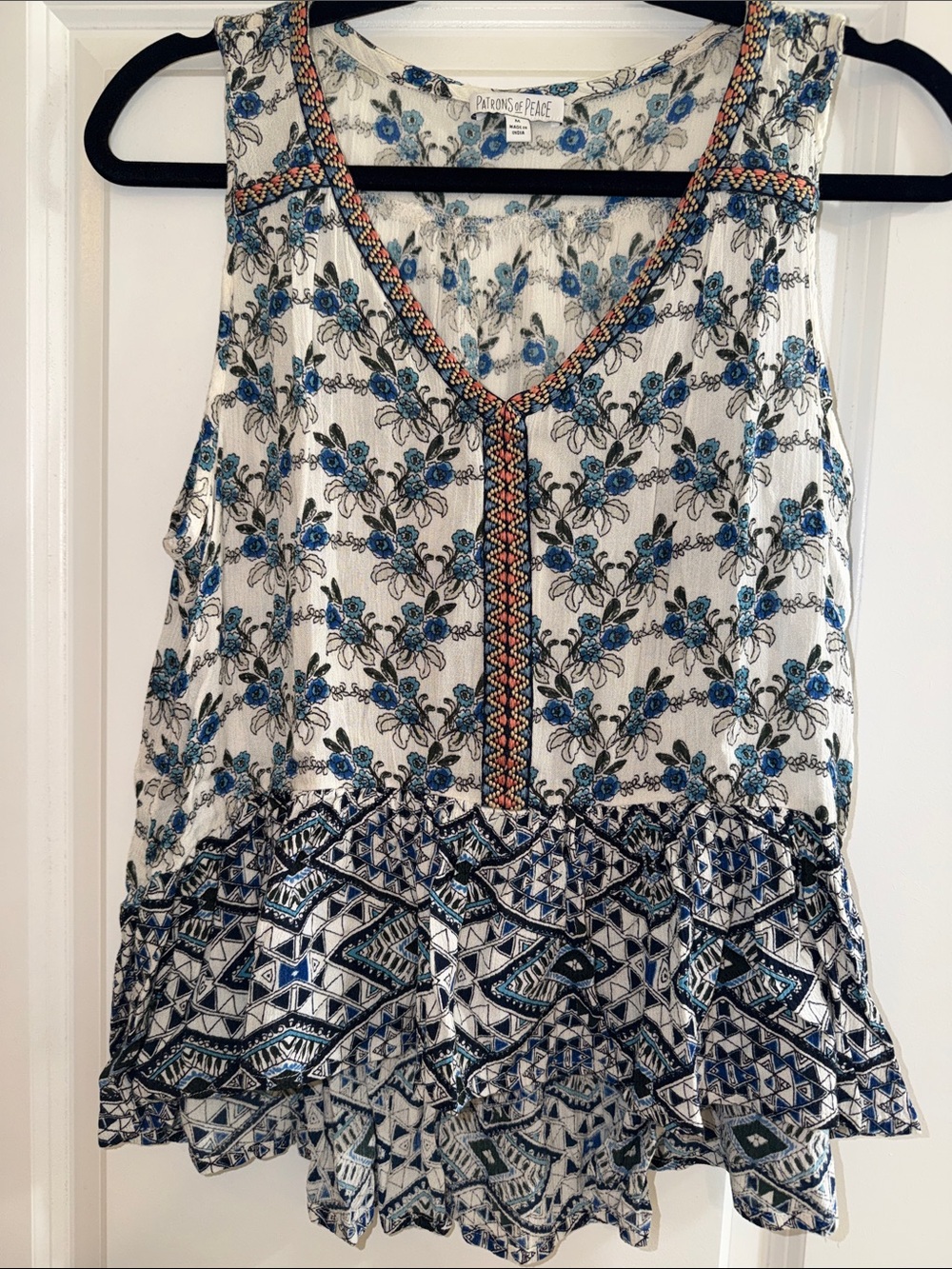 Patrons of Peace White High-Low Tank with Floral Print and Embroidered Trim